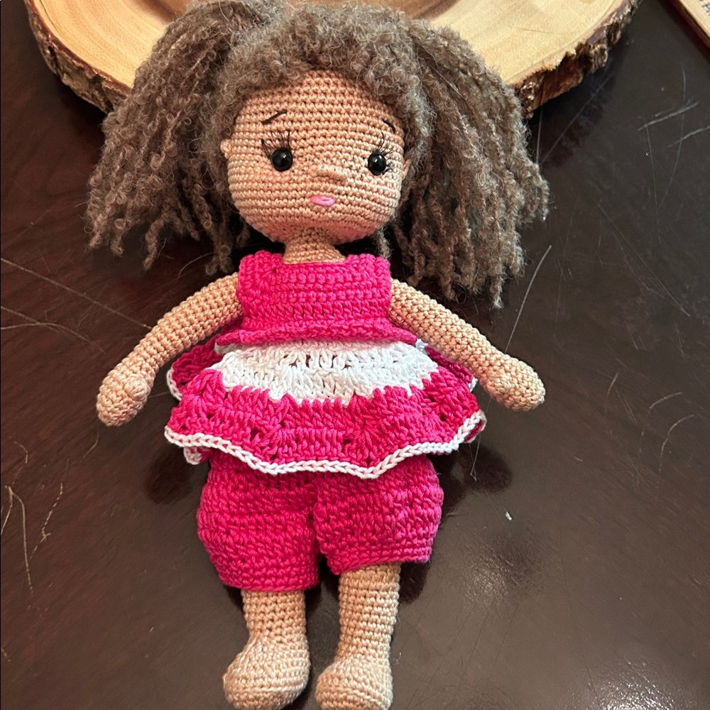 Amigurumi Handmade‎ Crochet Doll with Pink Top and Shorts stuffed toy 9in